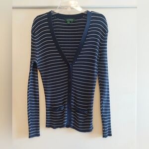 Lauren Ralph Lauren Navy & White Striped Cardigan Sweater Preppy